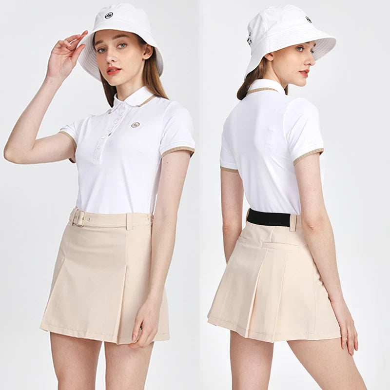 AW Golf Women's Summer Short Sleeved T-shirt Breathable Polo Lapel Tops Ladies High Waist Pleated Skirt A-Lined Golf Skorts Suit