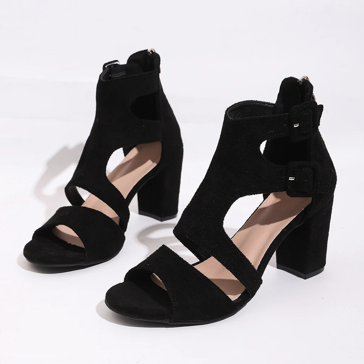 Spring and Summer New Women's Black Suede Chunky Heel Sandals, Hollow Double Buckle Strap Open-Toe High Heels, Versatile Roman Style Women's Shoes for Commuting - Buy online at  Vibe In Cart.