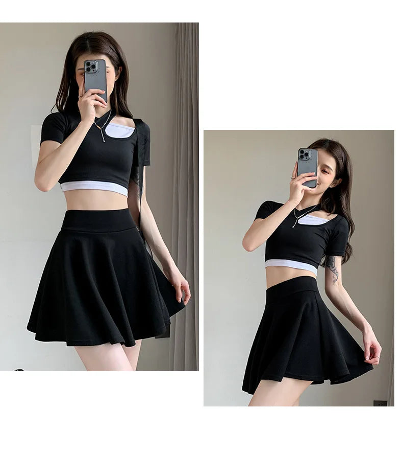 Women's Black High Waist Pleated Mini Skirt with Elastic Waist