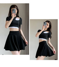 Women's Black High Waist Pleated Mini Skirt with Elastic Waist