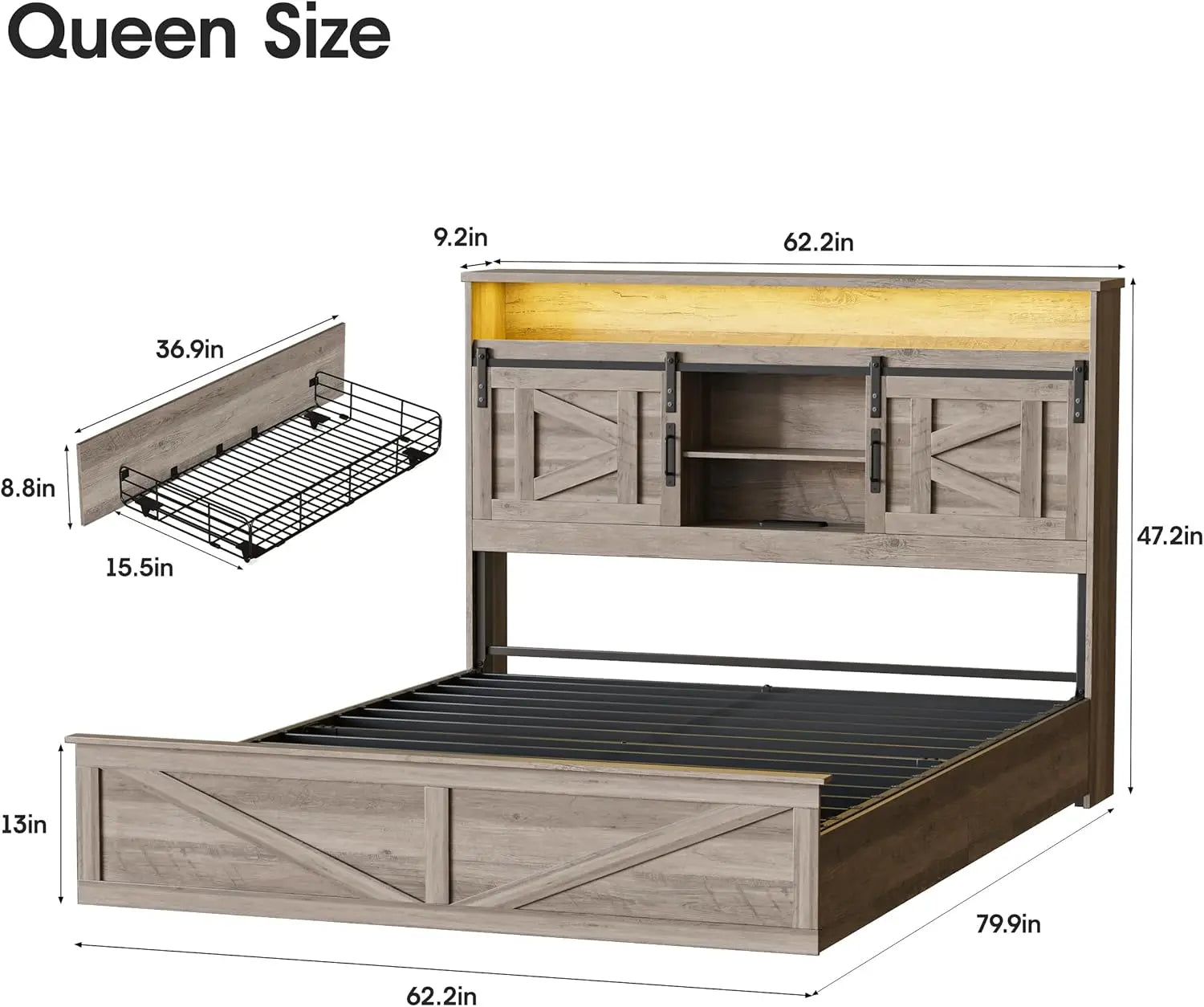 Vabches Bed Frame Queen with 4 Drawer&Storage Headboard Platform Bed Frame with LED Light& Power Strip&Sliding Barn Door Bedroom - Buy online at  Vibe In Cart.