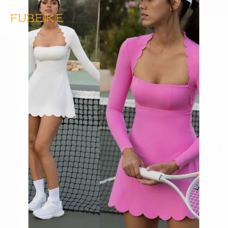 FUBEIKE Tennis Clothes Women's Long Sleeve Wave Lace Golf Wear Tennis Skirt Breathable Quick-Drying Yoga One-Piece Dress - Buy online at  Vibe In Cart.