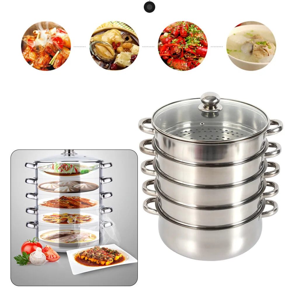 5 Tier Stainless Steel Steamer Pot Set 28cm Large Capacity Stackable Cookware With Glass Lid For Home Kitchen - Buy online at  Vibe In Cart.