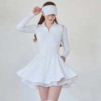 Spring Autumn Tennis Dress with Short Women Lace Ruffle Golf Sports Dresses Long Sleeve Sexy Zipper Skirt Exercise Yoga Clothing