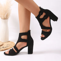 Spring and Summer New Women's Black Suede Chunky Heel Sandals, Hollow Double Buckle Strap Open-Toe High Heels, Versatile Roman Style Women's Shoes for Commuting - Buy online at  Vibe In Cart.