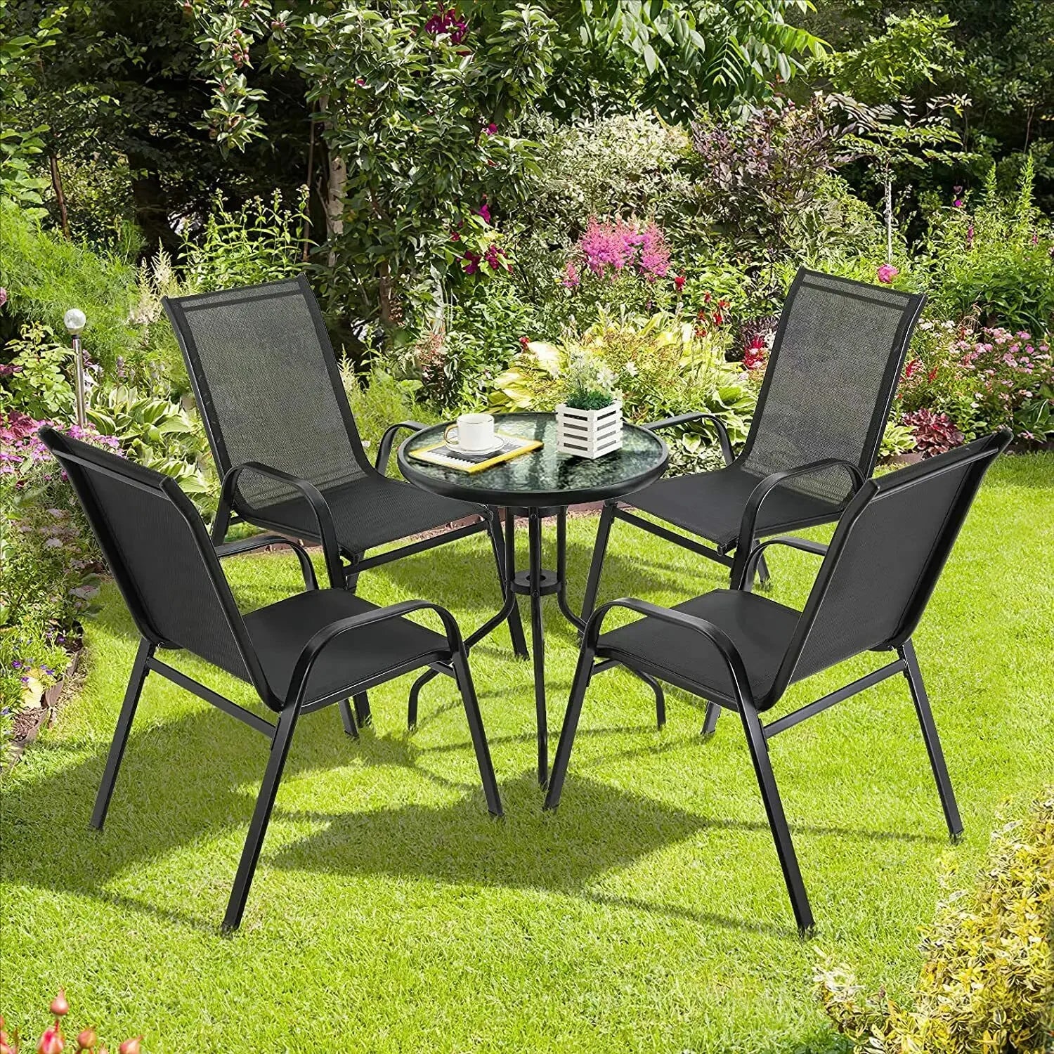 4 Metal Outdoor Chair Set Stackable Patio Textilene Dining Chair Stack Metal Frame Set of 4, Load Weight 150kg, Black,Brown,Gray - Buy online at  Vibe In Cart.