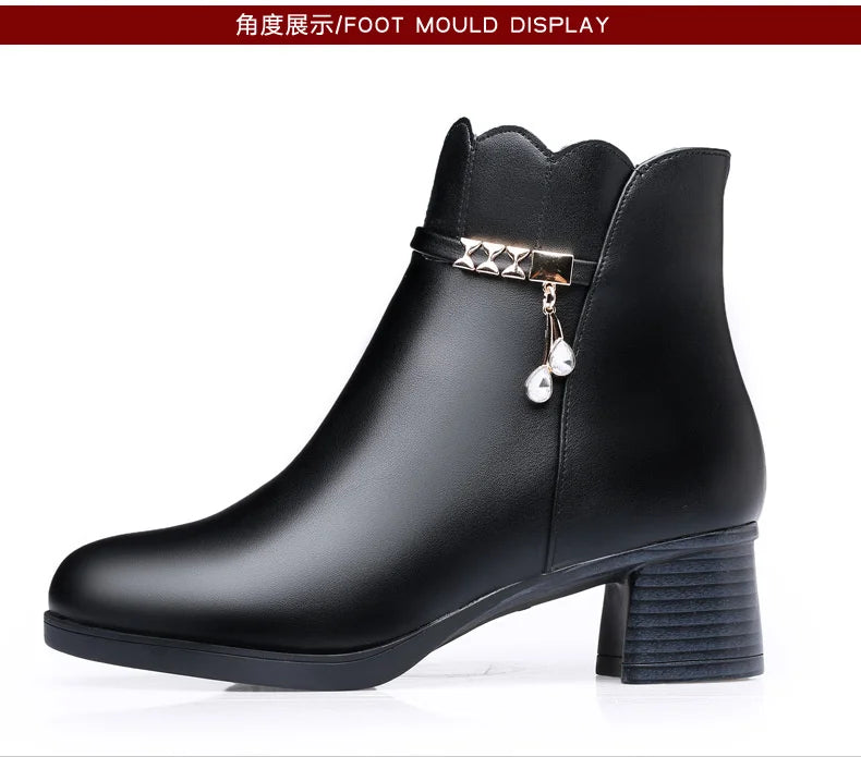 Women's Autumn Winter Soft Leather Warm Plush Ankle Boots Anti-Slip Thick Heel