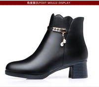 Women's Autumn Winter Soft Leather Warm Plush Ankle Boots Anti-Slip Thick Heel