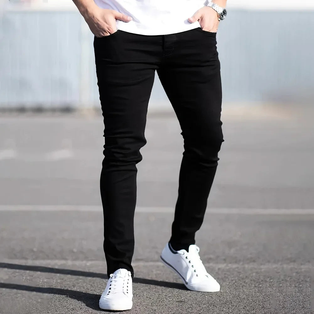 Spring Mens Black Blue Pants Pure Color Stretch Jeans Street Casual Slim Fit Trousers Male Vintage Wash Skinny Jeans for Men - Buy online at  Vibe In Cart.