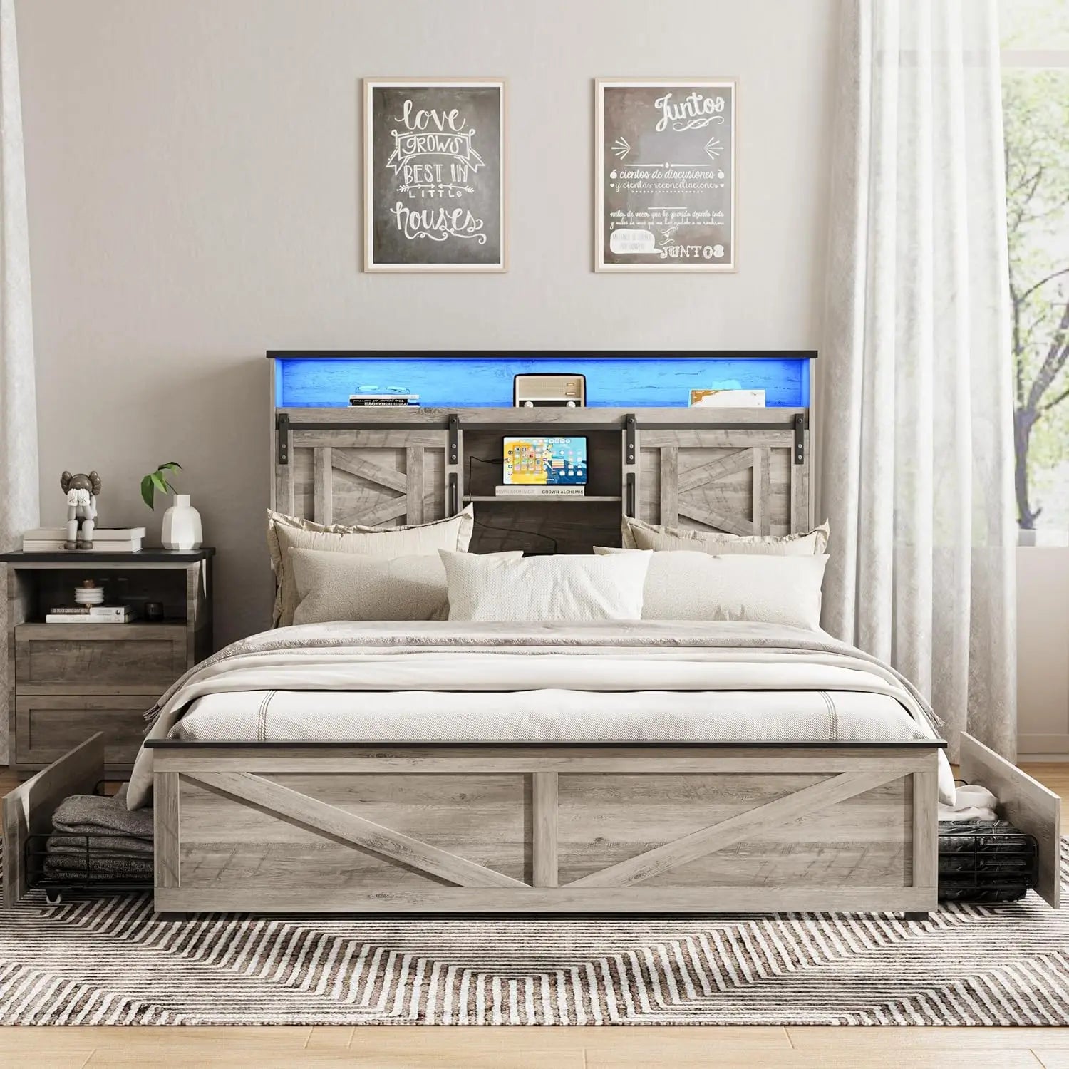 Vabches Bed Frame Queen with 4 Drawer&Storage Headboard Platform Bed Frame with LED Light& Power Strip&Sliding Barn Door Bedroom - Buy online at  Vibe In Cart.