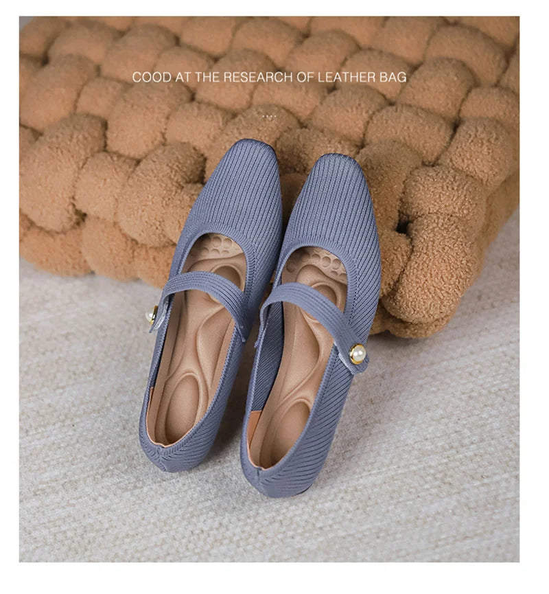 Women's Ankle Strap Weaving Ballerina Flats with Pearl