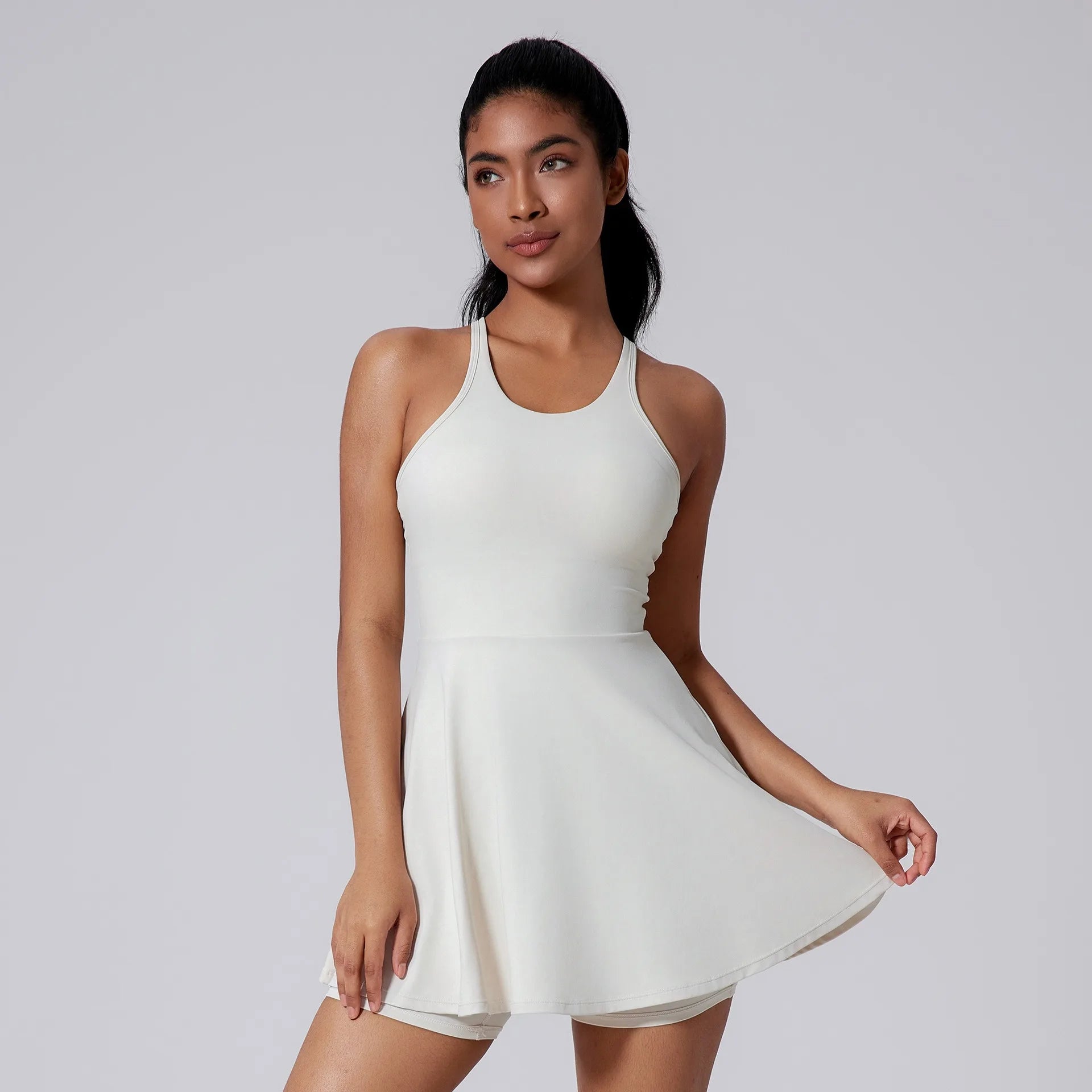Women Beautiful Back Tennis Dress With Chest Cushion&Shorts Dreathable Outdoor Yoga Golf Skirt Workout Running Badminton Dress