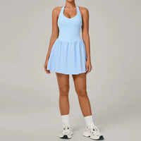 Hanging Neck Tennis Dress Women Solid Color Sleeveless Sports One Piece Pocket Suits Outdoor Running Fitness Yoga Golf Dresses