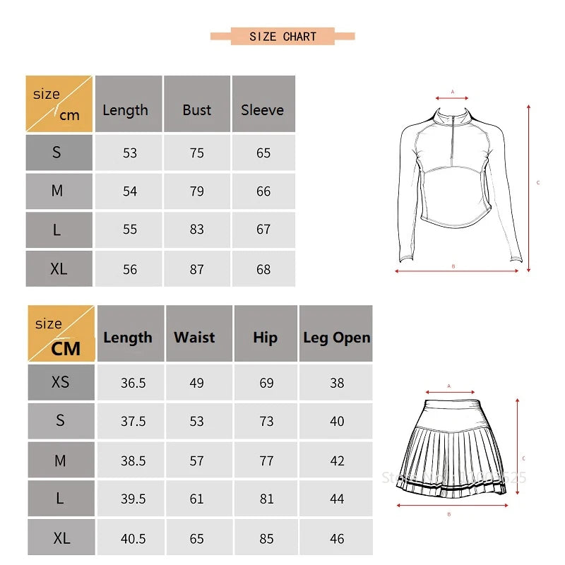 Women Long Sleeve Yoga Tennis Shirts Zipper Collar Workout Athletic Tops Ladies Slim Pleated Tennis Skirt Gym Short Skorts - Buy online at  Vibe In Cart.
