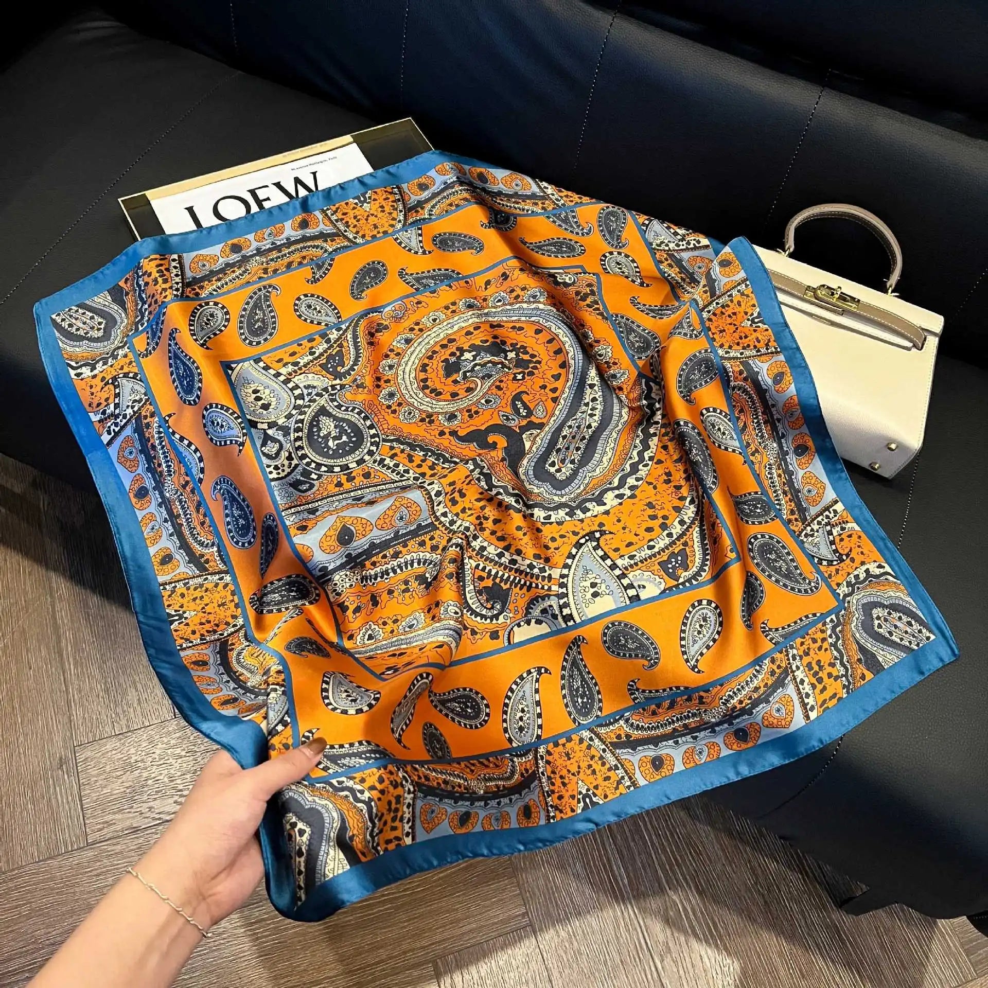 Printed Paisley Houndstooth Square Scarf for Women, Coffee Color, Polyester