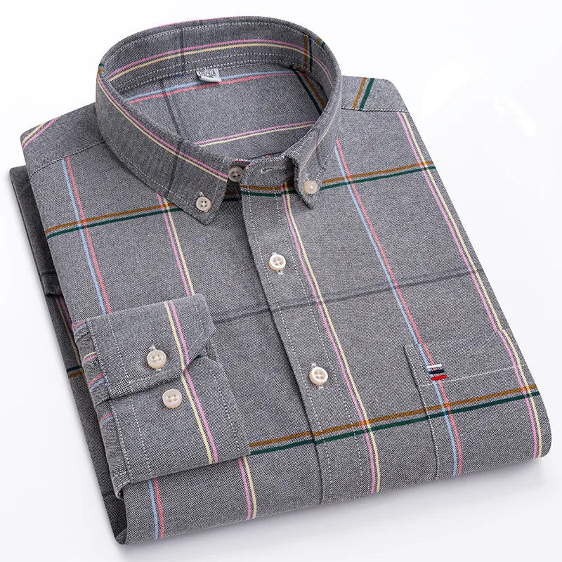 Men's Long Sleeve 100% Cotton Oxford Plaid Shirt