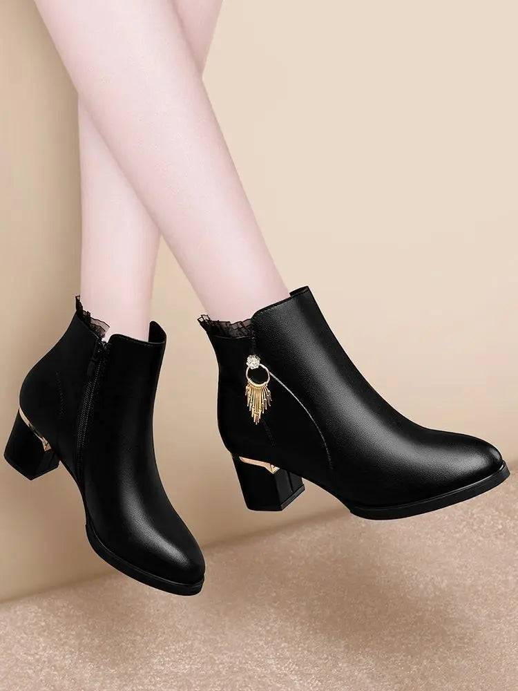 Autumn Winter Black Booties Elegant with Medium Heels Women's Ankle Boots Leather Warm Female Short Shoes Comfortable Boot Sale - Buy online at  Vibe In Cart.