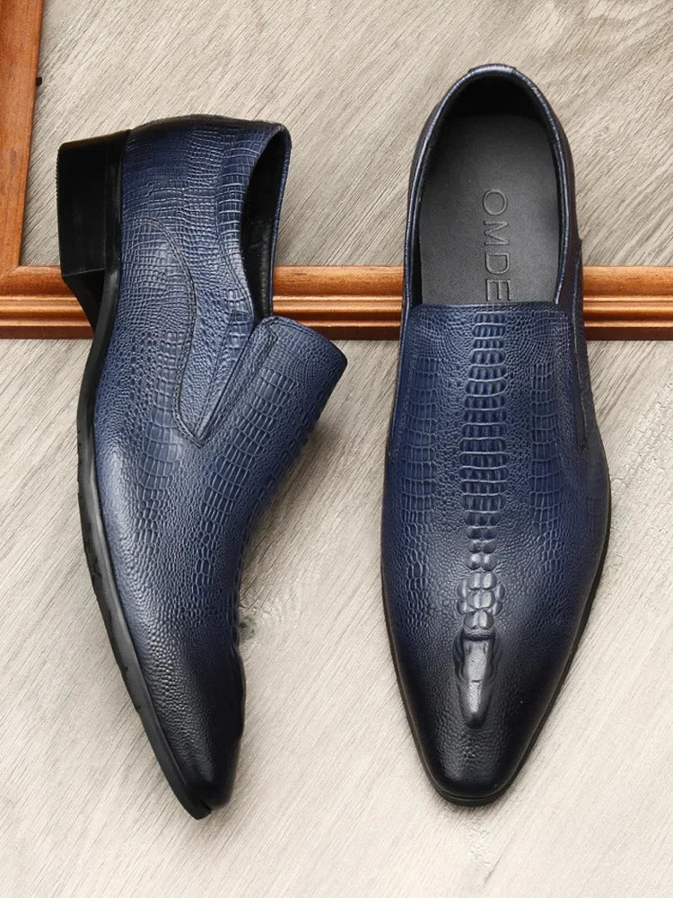 Men's Black And Blue Genuine Leather Oxford Shoes With Crocodile Pattern