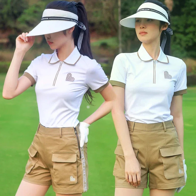 Love Golf Women Short Sleeve Sports Shirts Breathable Casual Tops Ladies High Waist Golf Shorts Quick Dry Skorts with Pockets