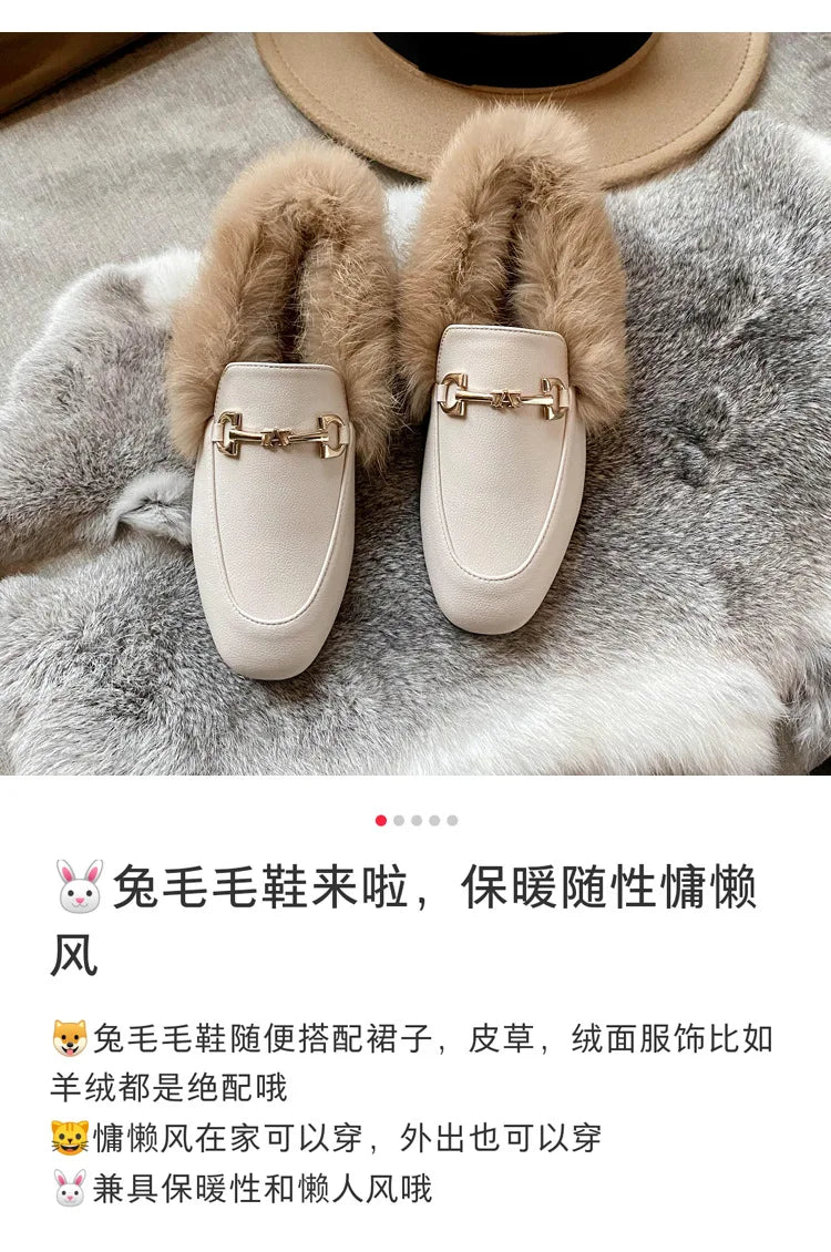 Retro Loafers 2024 Fashion Women's Shoes Autumn and Winter Women Velvet Warm Flat-bottomed Rabbit Fur Leather Shoes - Buy online at  Vibe In Cart.
