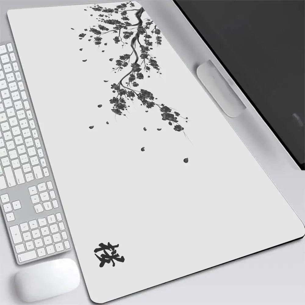 XXL Gray Rubber and Cloth Mouse Pad with Cherry Blossom Design