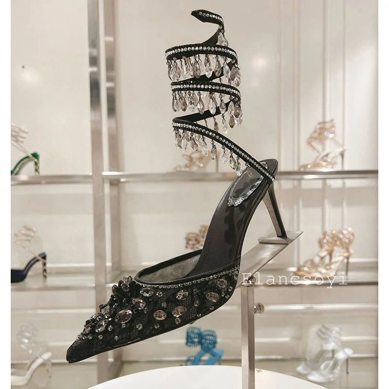 Fashion High Heels Sandals Women Shiny Crystal Tassel Snake Shaped Winding Wedding Shoes Summer Pointed Toe Stiletto Sandalias - Buy online at  Vibe In Cart.