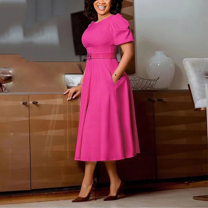 Women's Polyester O Neck Short Sleeve Belted Pleated Mid-Calf Dress