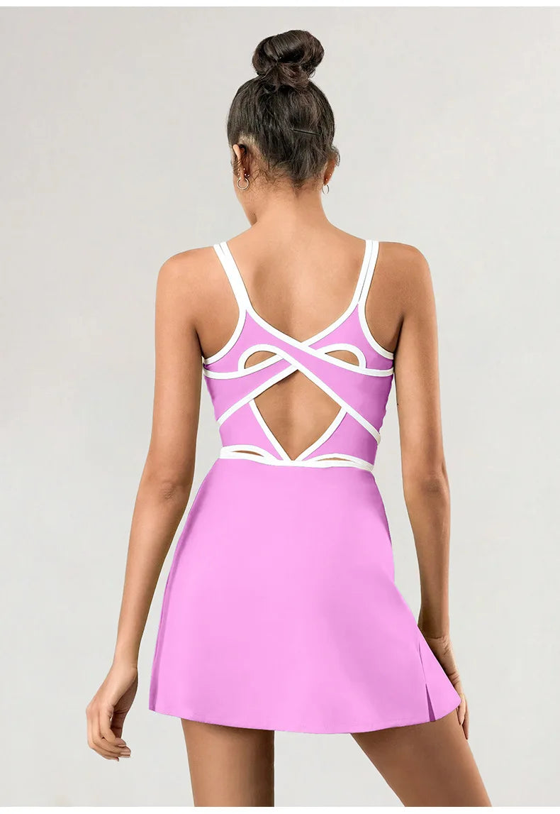 Women Tennis Dress with Inner Short Golf Badminton Skorts Backless Cross Tracksuits Ladies Sleeveless Golf Yoga Dresses S-XL