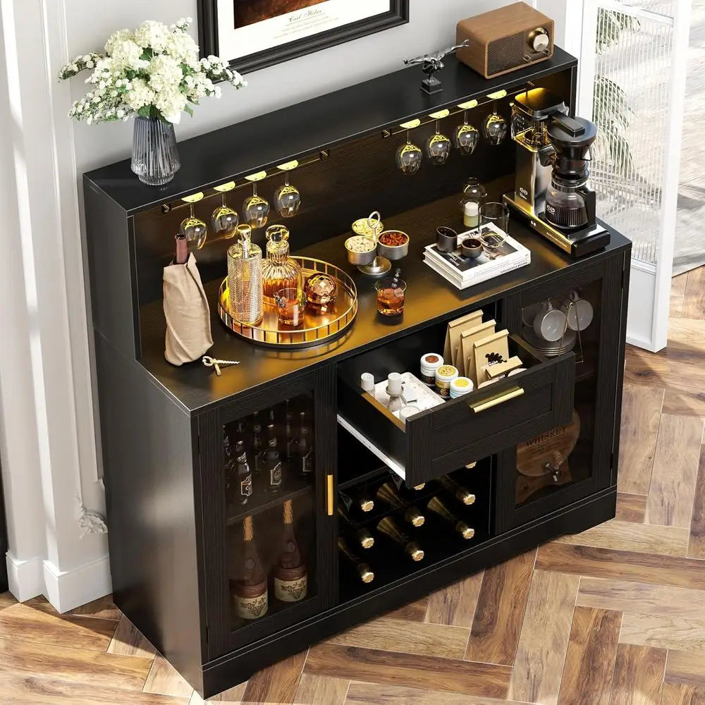 Illuminated Wine & Liquor Cabinet with Rack, Glass Holder, and Storage for Kitchen Buffet - Buy online at  Vibe In Cart.