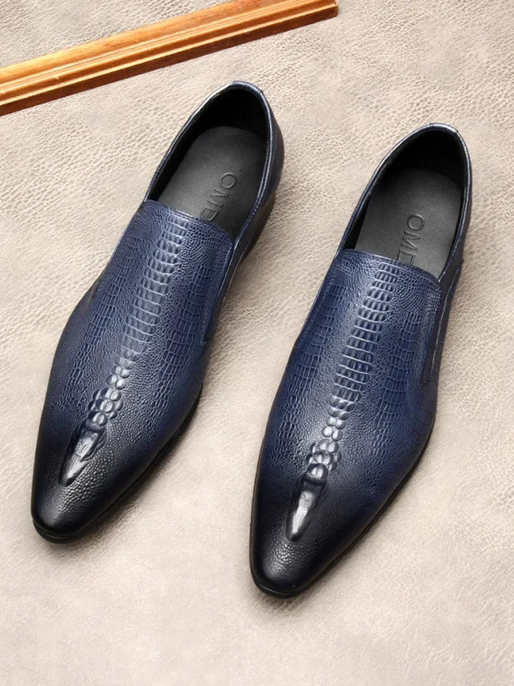 Men's Black And Blue Genuine Leather Oxford Shoes With Crocodile Pattern