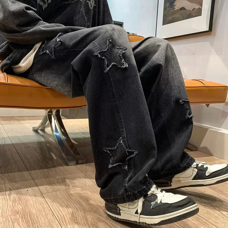 Star Embroidery Straight Casual Men Jeans Gothic Neutral New Wide Leg Loose Hip-hop Fashion Youth Streetwear Denim Trousers Y2K - Buy online at  Vibe In Cart.