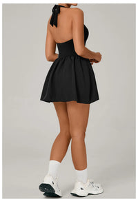 Hanging Neck Tennis Dress Women Solid Color Sleeveless Sports One Piece Pocket Suits Outdoor Running Fitness Yoga Golf Dresses