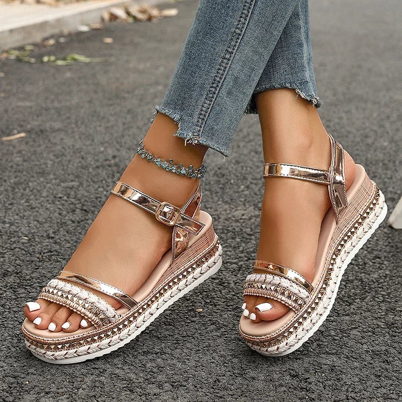 Plus Size Fashion Rivet Decor Wedge Sandals Women Gold Ankle Strap Platform Sandals for Woman Summer Thick Sole Roman Sandalias - Buy online at  Vibe In Cart.