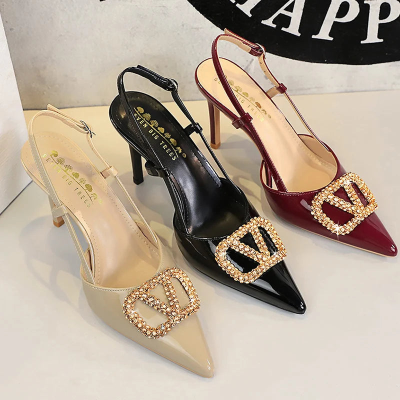 Women Metal Decoration 9cm High Heels Sandals Female Patent Leather Back Strap Pumps Lady Pointed-toe Shallow Crystal Shoes - Buy online at  Vibe In Cart.
