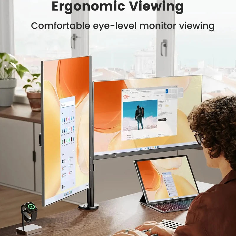 Freestanding Dual Monitor Stand with Height Adjustment, Tilt, Swivel, Rotation up to 27 Inches