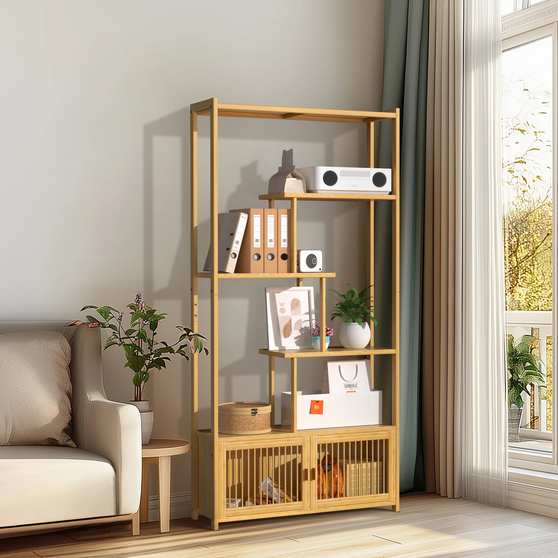 6 Tier Bamboo Bookshelf Bamboo Storage Rack with Cabinet Living Room Display Rack Storage Organizer for Home Office - Buy online at  Vibe In Cart.