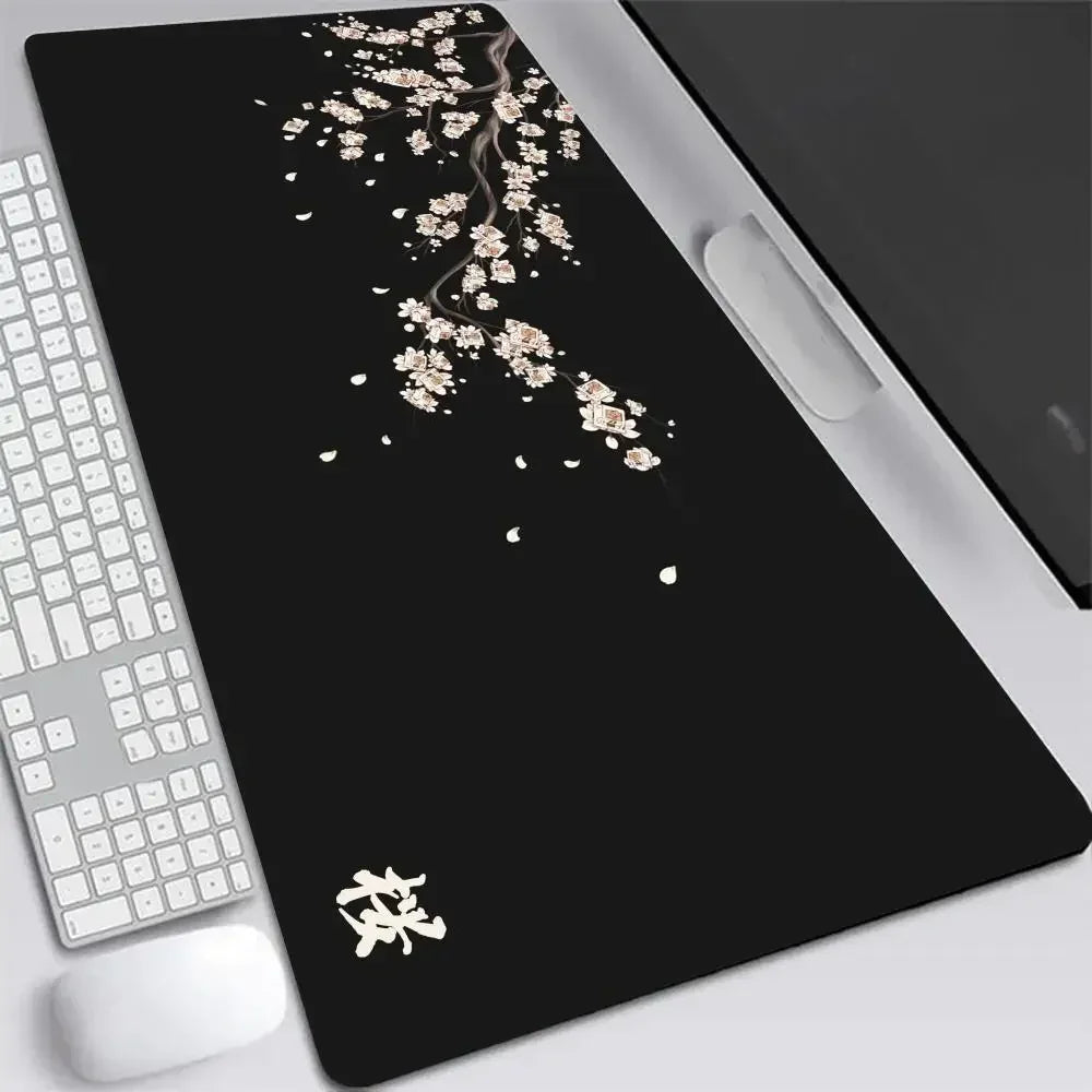XXL Gray Rubber and Cloth Mouse Pad with Cherry Blossom Design