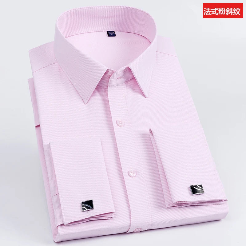 Men's Slim Fit Long Sleeved Solid Color Cotton Polyester Shirt with French Cufflinks