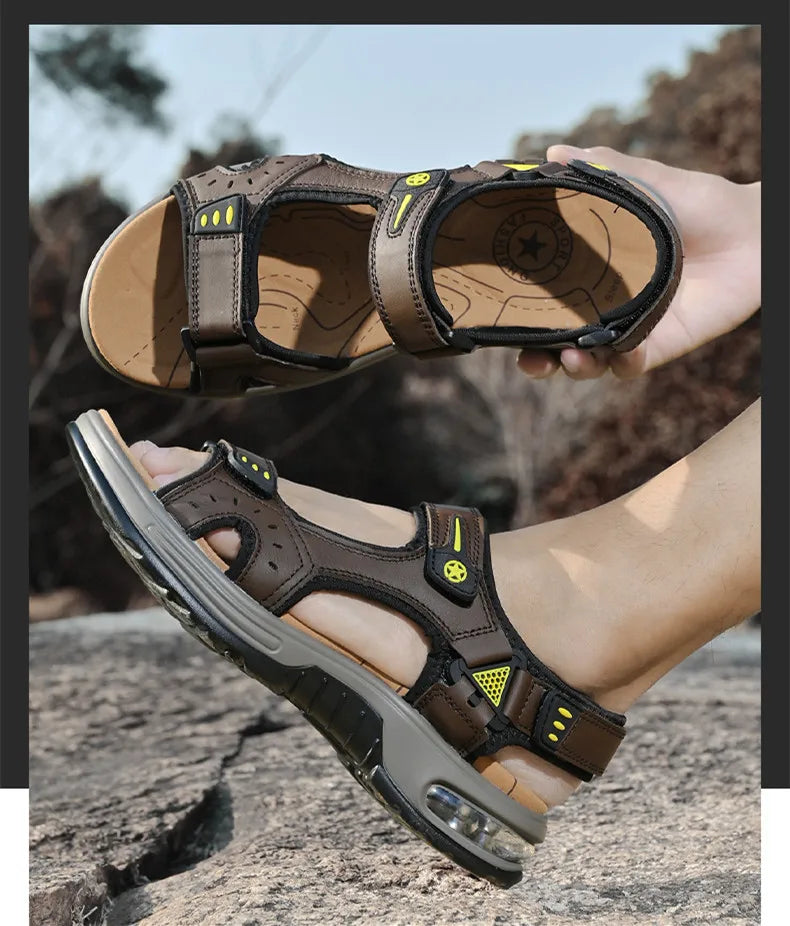 Men's Genuine Leather Breathable Beach Sandals Size 46