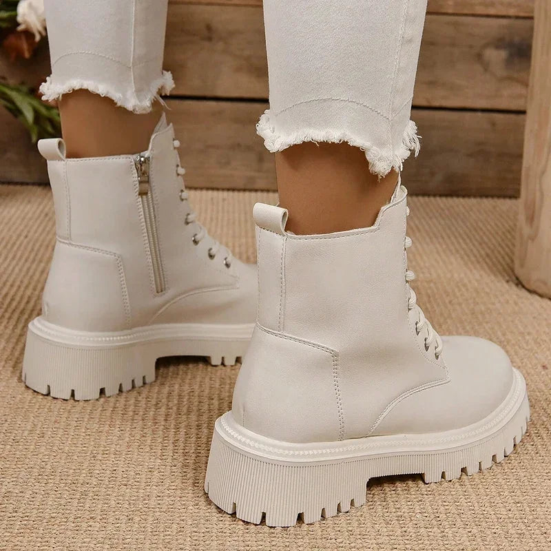 Winter Warm Short Plush Ankle Boots Women Fashion Zip Lace Up Platform Combat Boots Woman Comfy Low Heels Pu Leather Botas Mujer - Buy online at  Vibe In Cart.