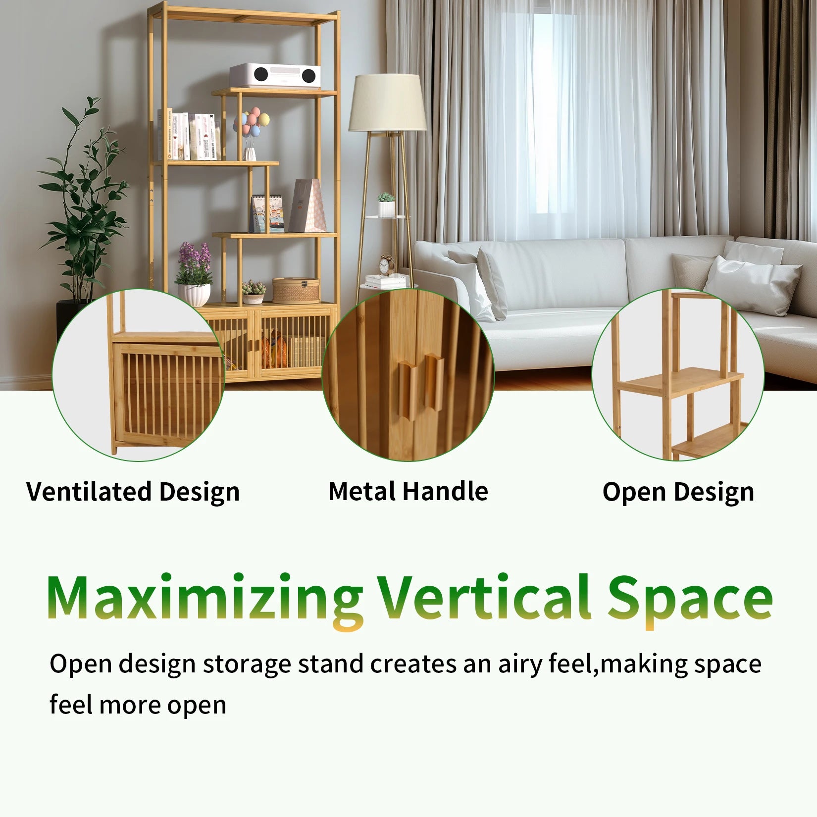 6 Tier Bamboo Bookshelf Bamboo Storage Rack with Cabinet Living Room Display Rack Storage Organizer for Home Office - Buy online at  Vibe In Cart.