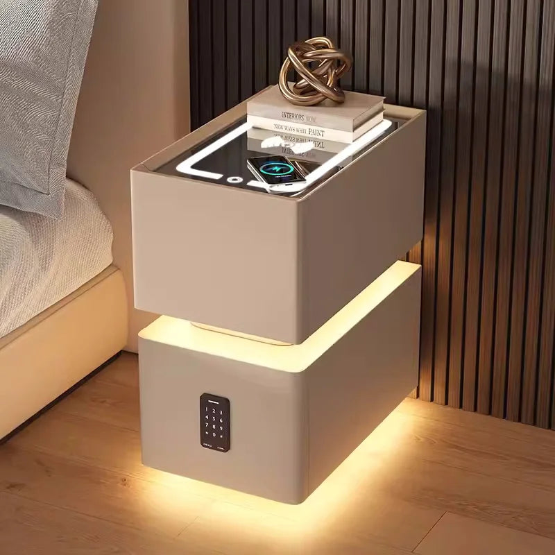 Wooden Bedside Table with Wireless Charging, Sensor Light, and 1 Drawer
