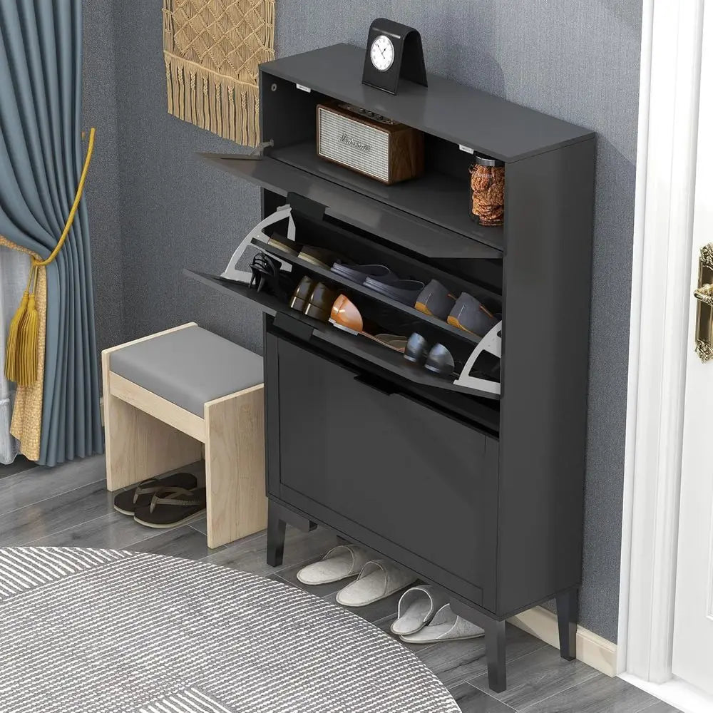 Contemporary Black Wood Shoe Storage Cabinet - Slim 3-Tier Freestanding Entryway Rack - Buy online at  Vibe In Cart.