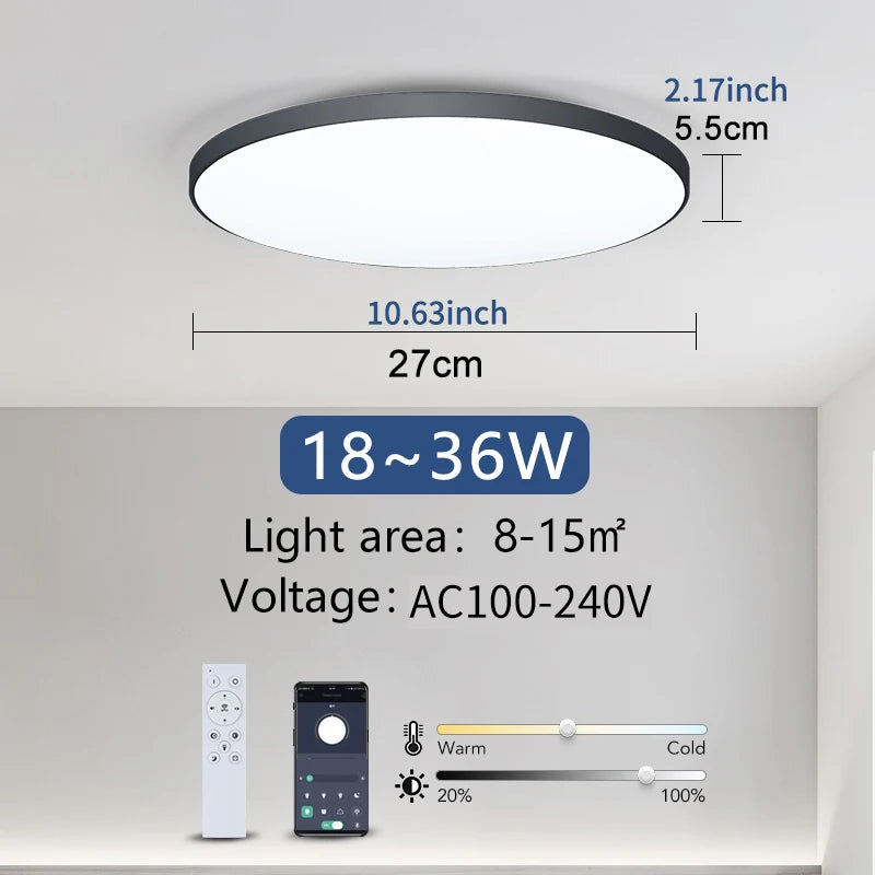 Smart LED Ceiling Lamp with Remote Control, Dimmable, White