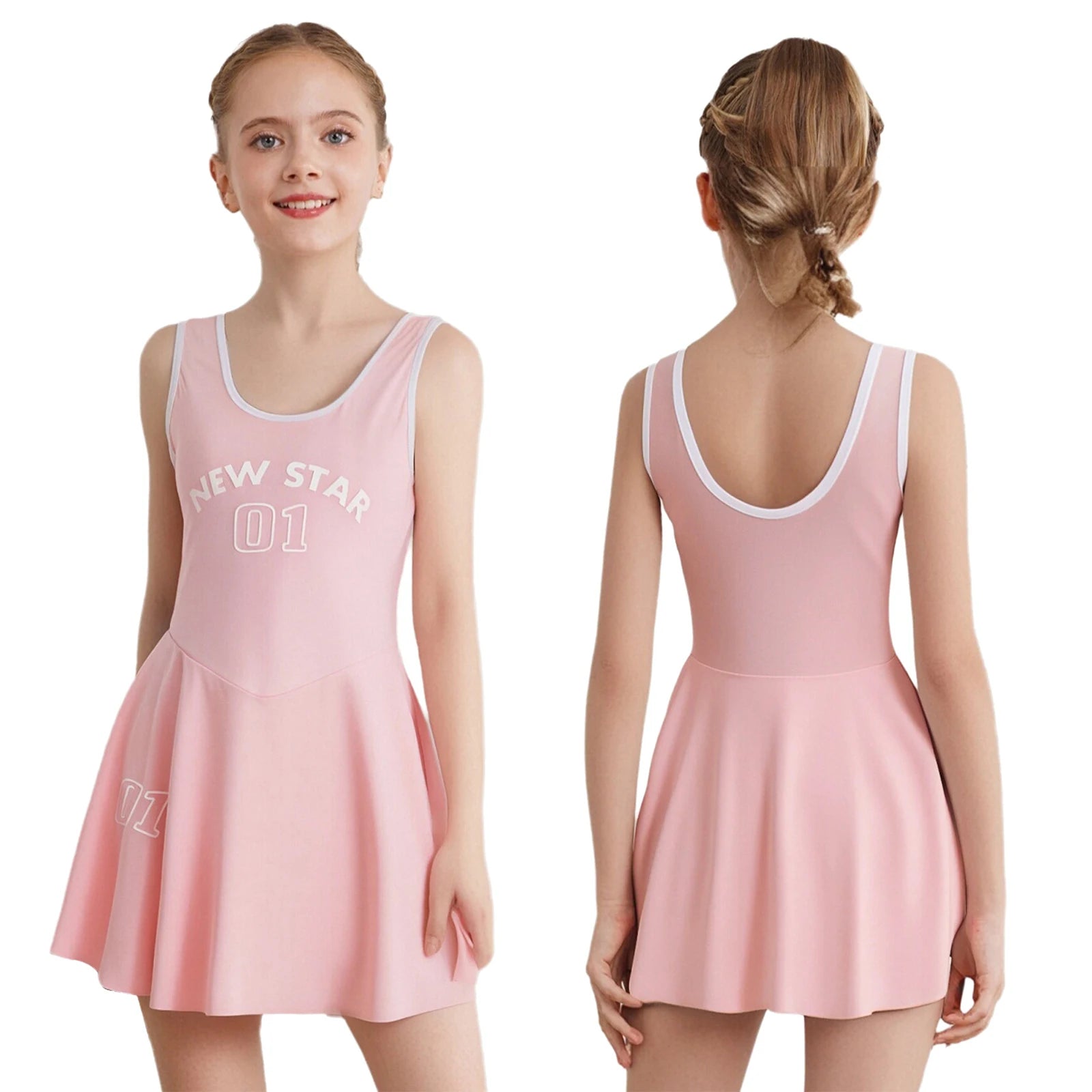 Sporty Style Girl Dress Children's Sleeveless Letter Print Sports Golf Tennis Workout Athletic Dress with Removable Chest Pads