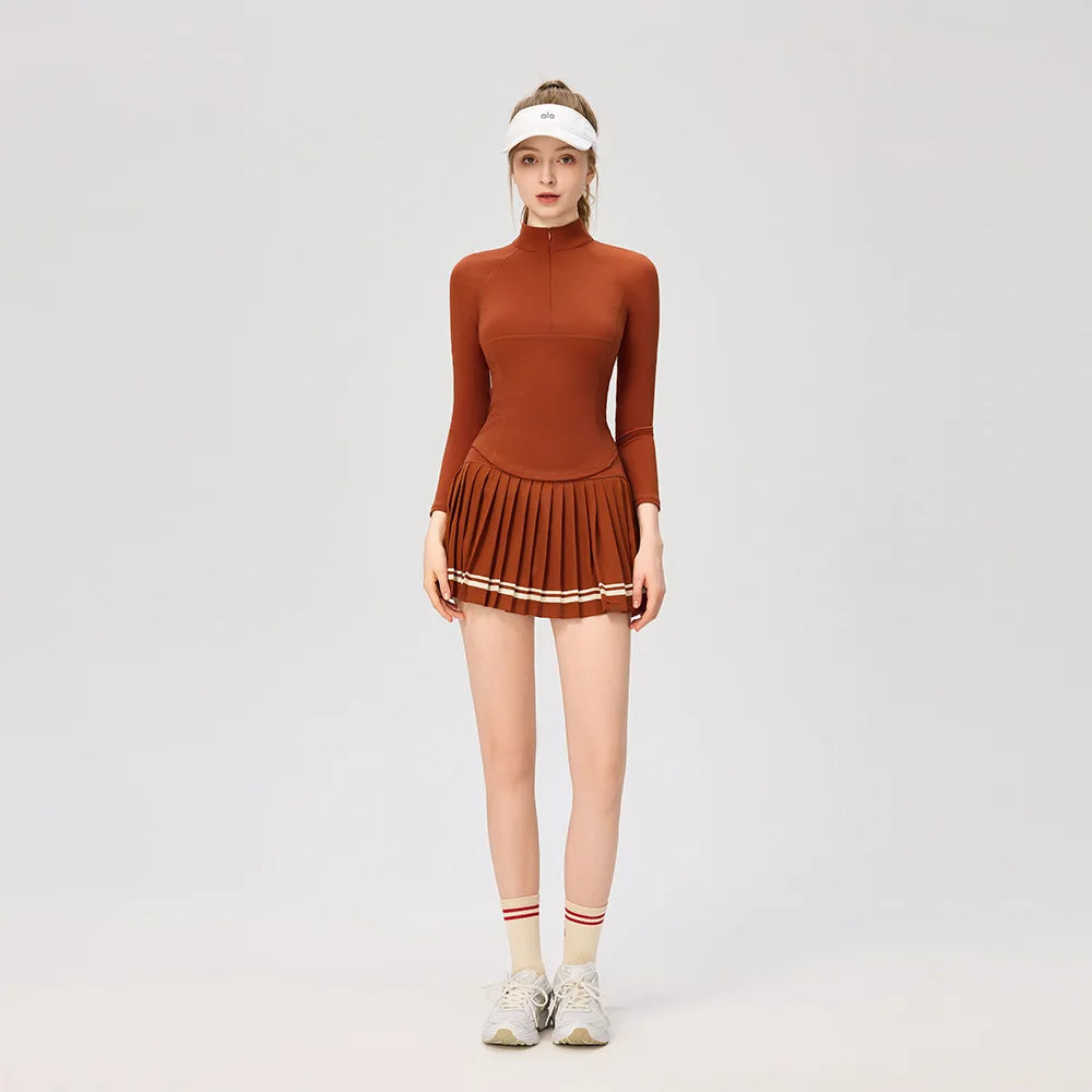 Women Long Sleeve Yoga Tennis Shirts Zipper Collar Workout Athletic Tops Ladies Slim Pleated Tennis Skirt Gym Short Skorts - Buy online at  Vibe In Cart.
