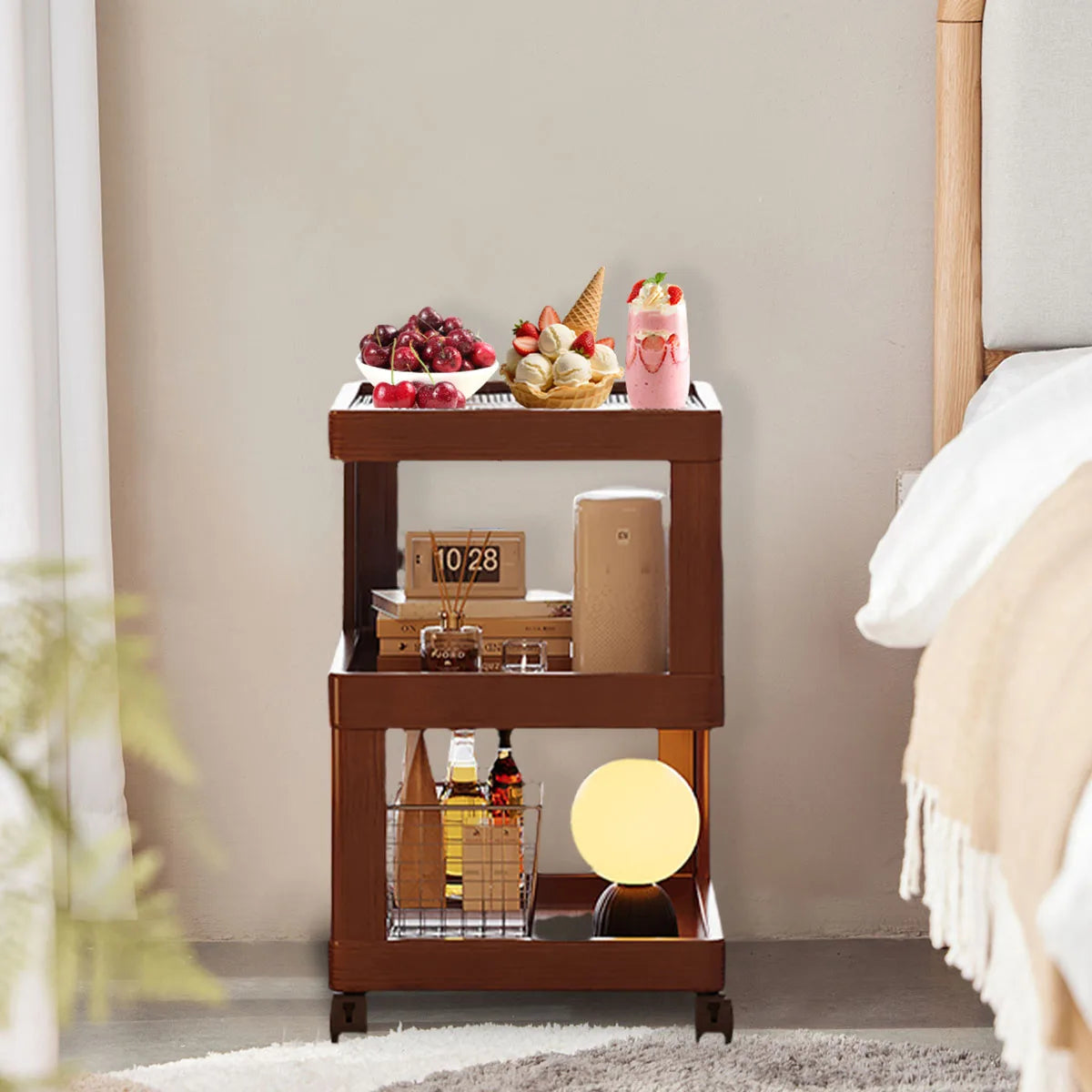 Geometric 3-Tier Bamboo Storage Side Table with Acrylic Surface & Wheels, Tea Brown Living Bedroom Furniture - Buy online at  Vibe In Cart.