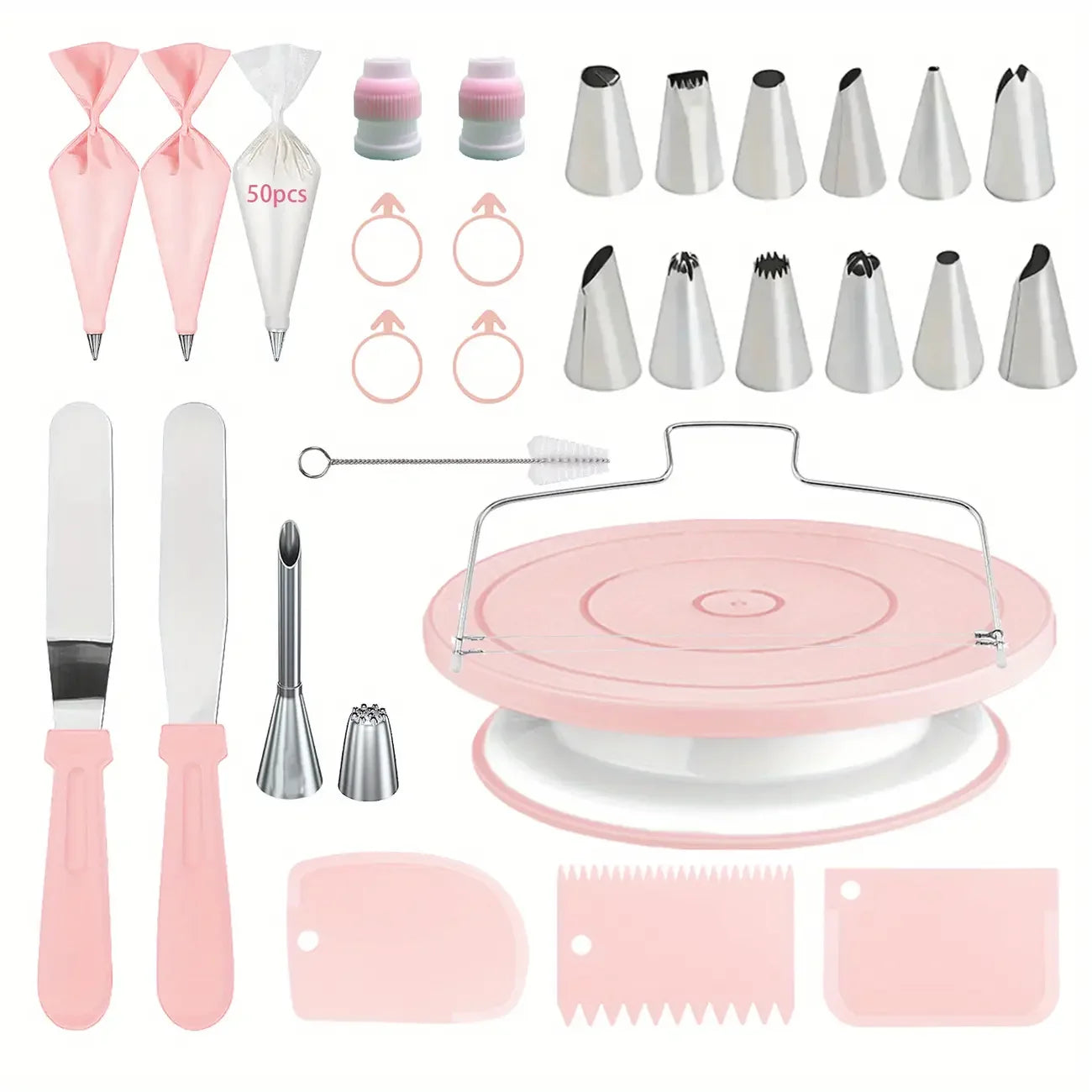 Pink 80-Piece Cake Decorating Set with Non-Slip Turntable and 14 Piping Tips