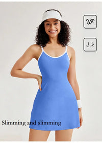 Women Tennis Dress with Inner Short Golf Badminton Skorts Backless Cross Tracksuits Ladies Sleeveless Golf Yoga Dresses S-XL