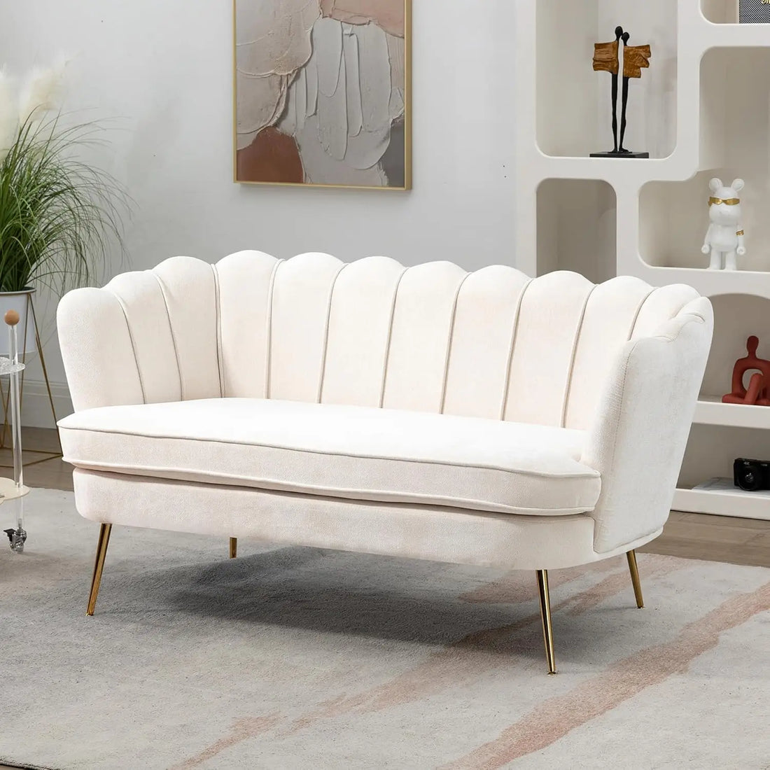 59” Small Modern Chenille Loveseat Sofa, 2-Seater Sofa with Gold Metal Legs, Small Couch with Flower Shaped Back for Living Room - Buy online at  Vibe In Cart.